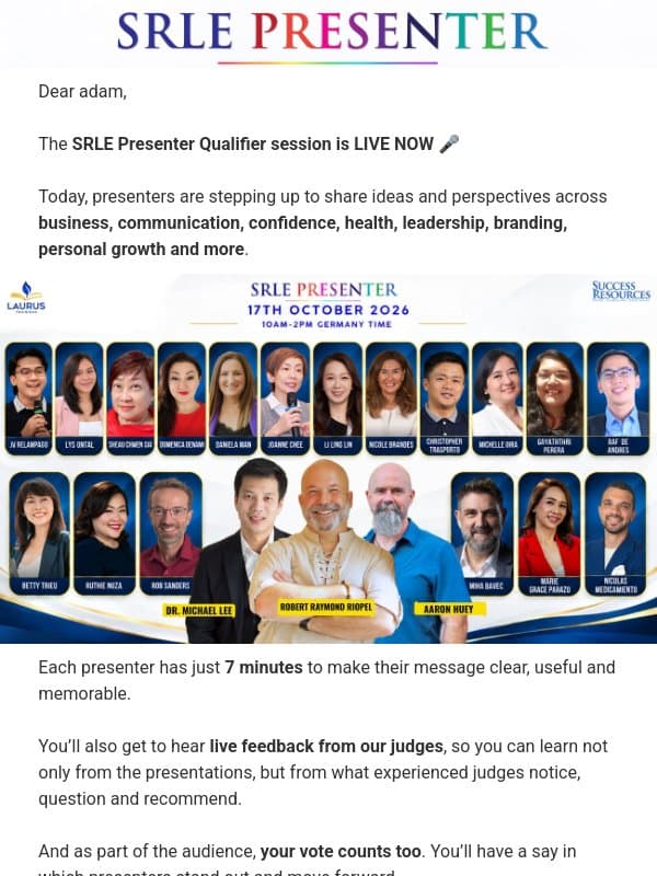 🔴 LIVE NOW: SRLE Presenter Session Has Started! email from Success Resources