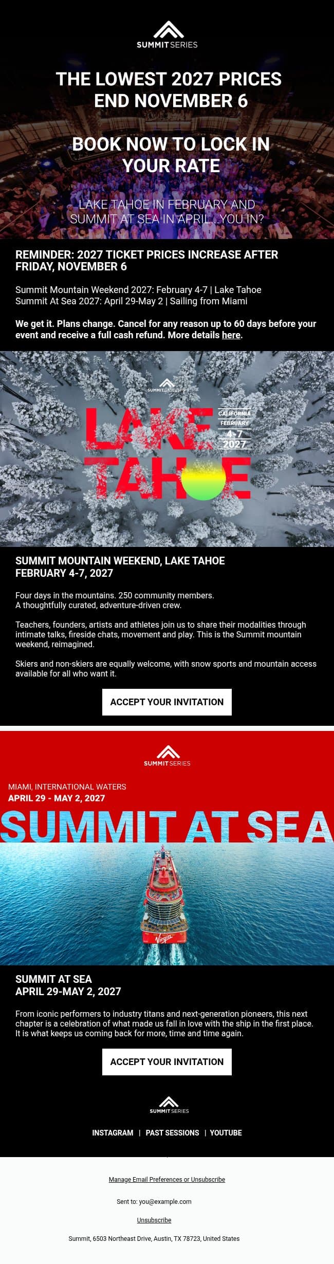Prices Are Going Up! Book by November 6 email from Summit screenshot