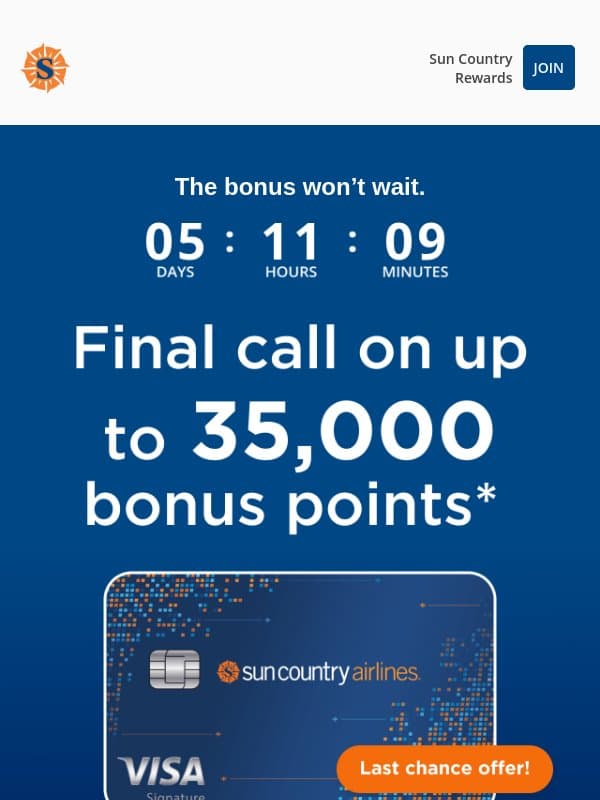 ⏳ Your 35K offer ends soon email from Sun Country Airlines