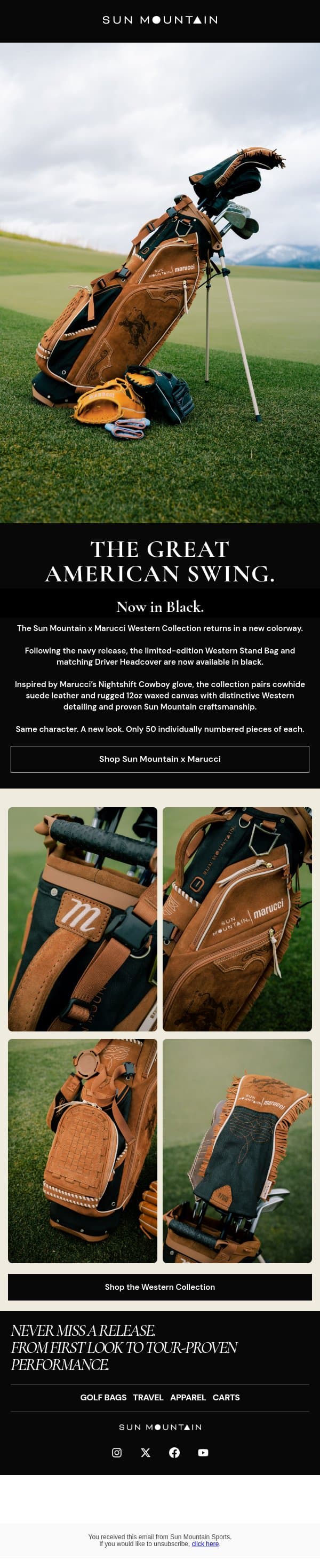 Sun Mountain x Marucci. Now in Black. email from Sun Mountain Sports screenshot