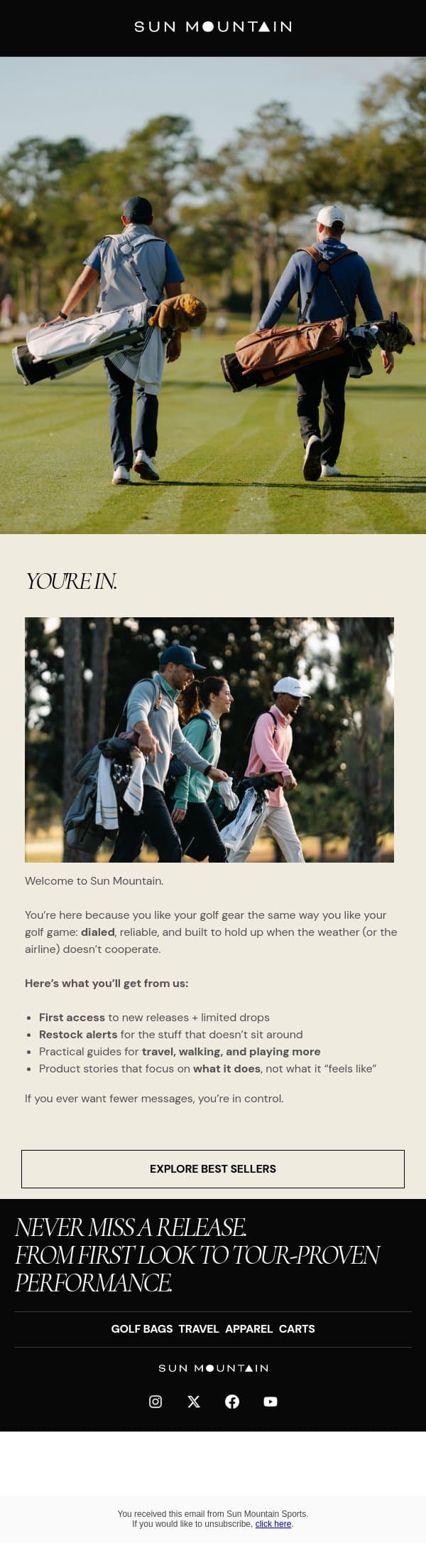 Welcome to Sun Mountain email from Sun Mountain Sports screenshot