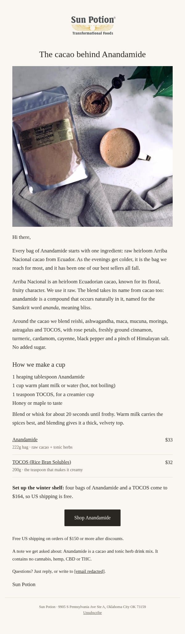 Hot cacao season: the cacao behind Anandamide email from Sun Potion screenshot