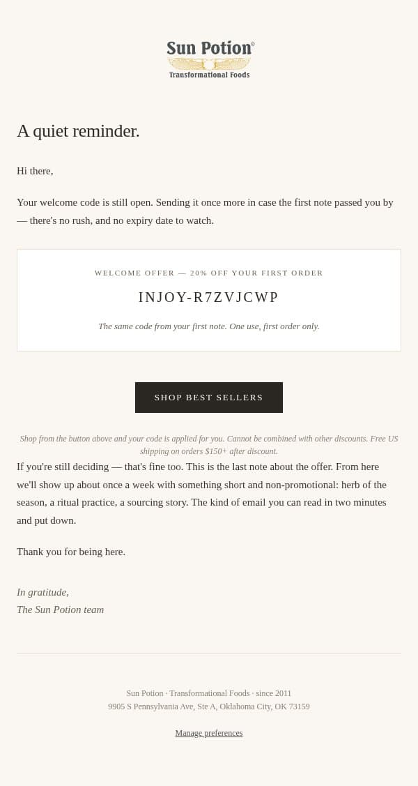 A quiet reminder. email from Sun Potion screenshot