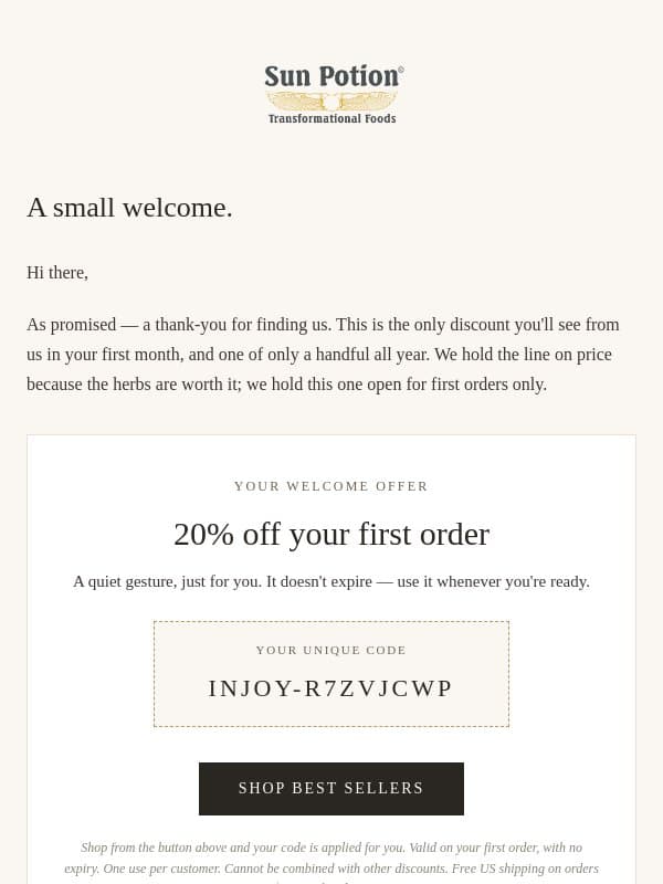 Welcome to the Apothecary — your 20% code is inside email from Sun Potion
