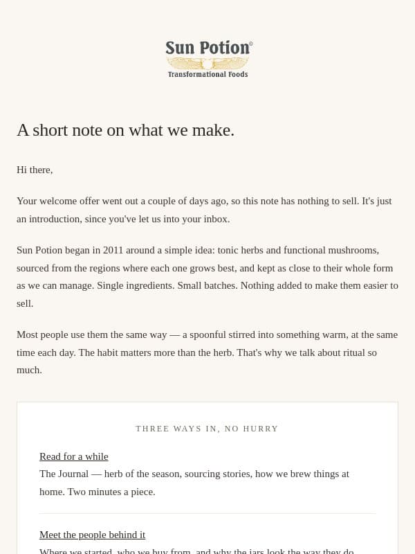 A short note on what we make. email from Sun Potion