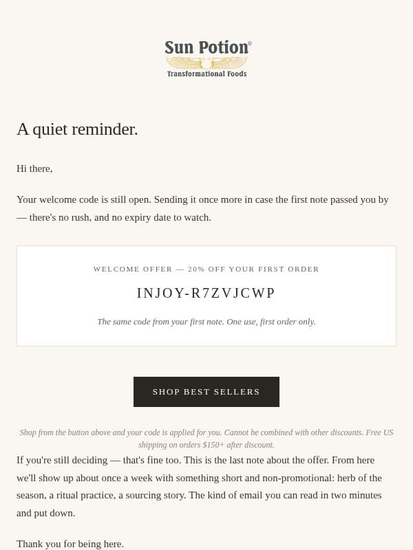 A quiet reminder. email from Sun Potion