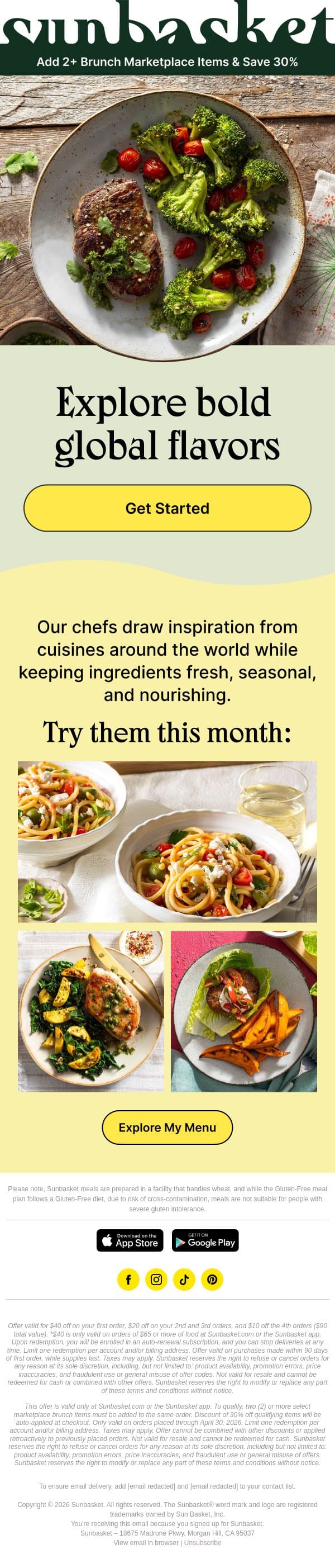 Dinner inspiration from around the world email from Sunbasket screenshot