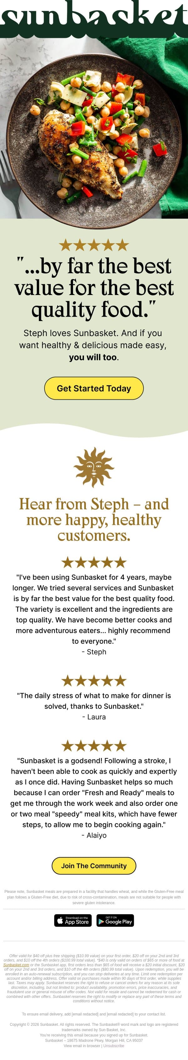 The #1 Healthy Meal Kit, for a reason. email from Sunbasket screenshot
