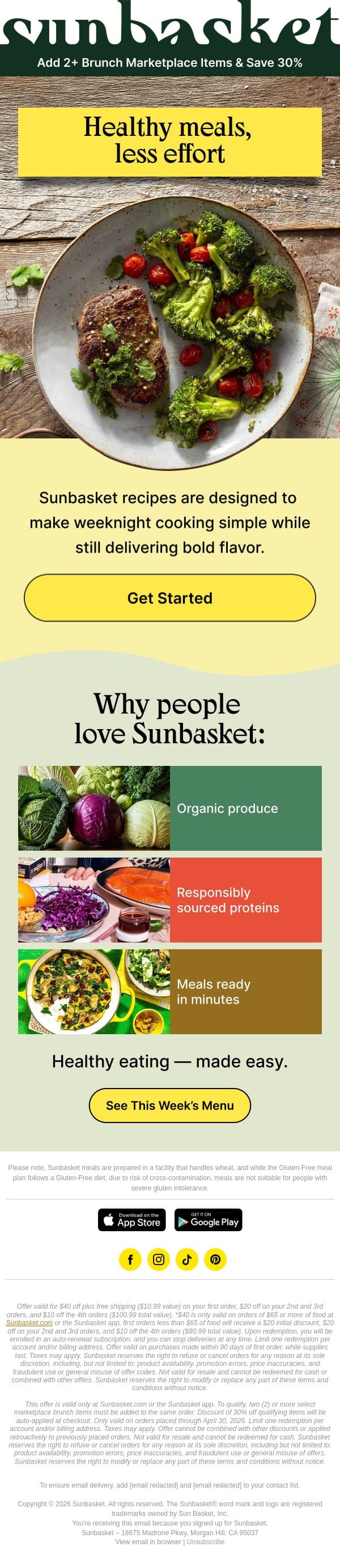 Looking for healthy meals without the effort? email from Sunbasket screenshot