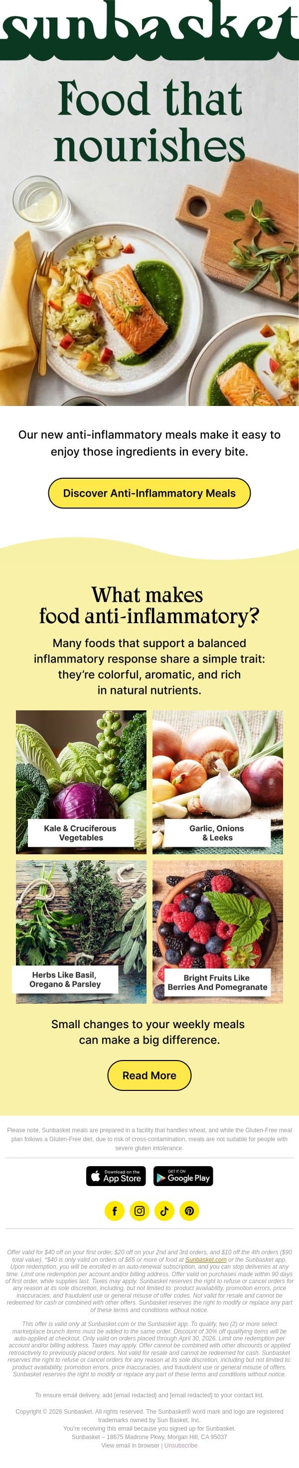 Introducing anti-inflammatory meals made simple. email from Sunbasket screenshot