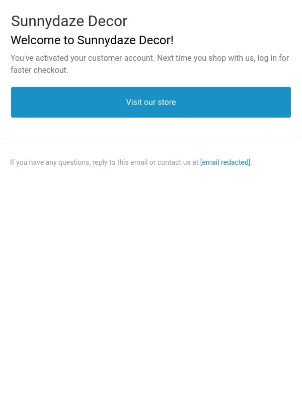 Customer account confirmation email from Sunnydaze Decor
