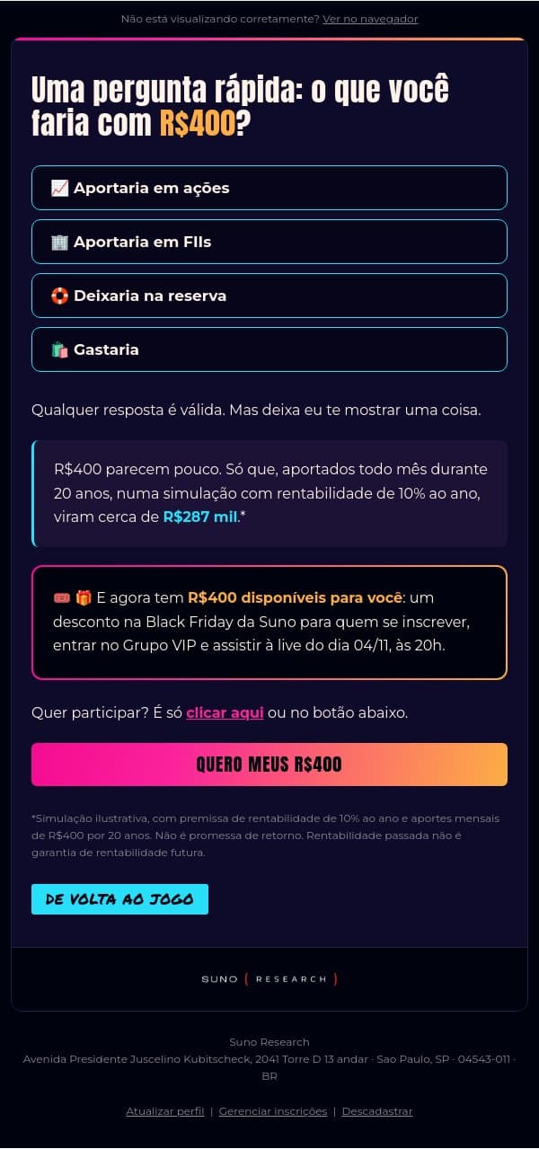 O que você faria com R$400 hoje? email from Suno Research screenshot