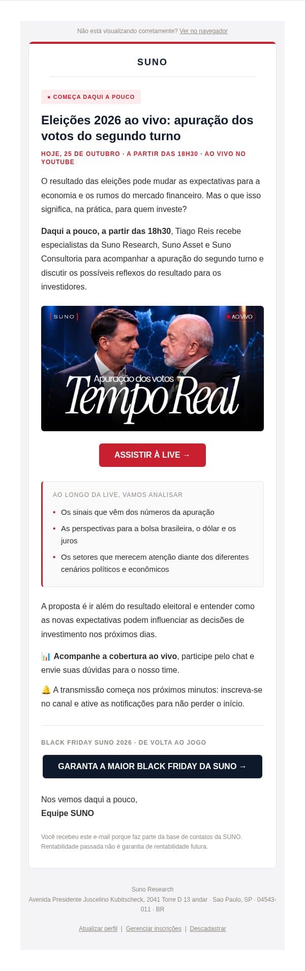 🔴 LIVE: Apuração do 2º turno ao vivo email from Suno Research screenshot