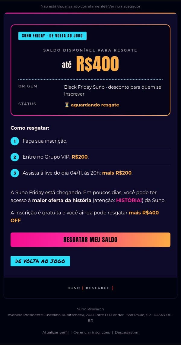R$400 esquecidos aqui email from Suno Research screenshot