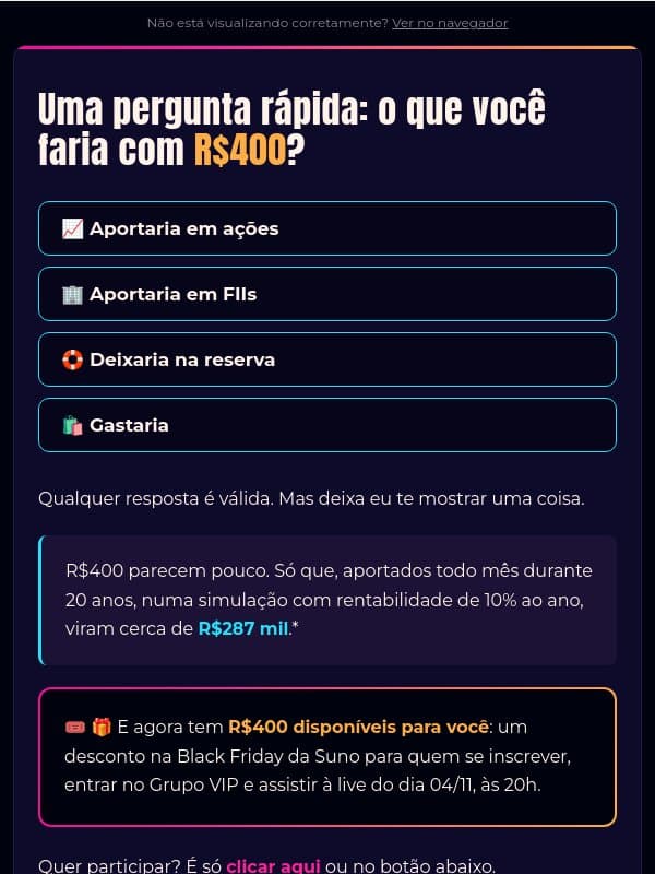 O que você faria com R$400 hoje? email from Suno Research