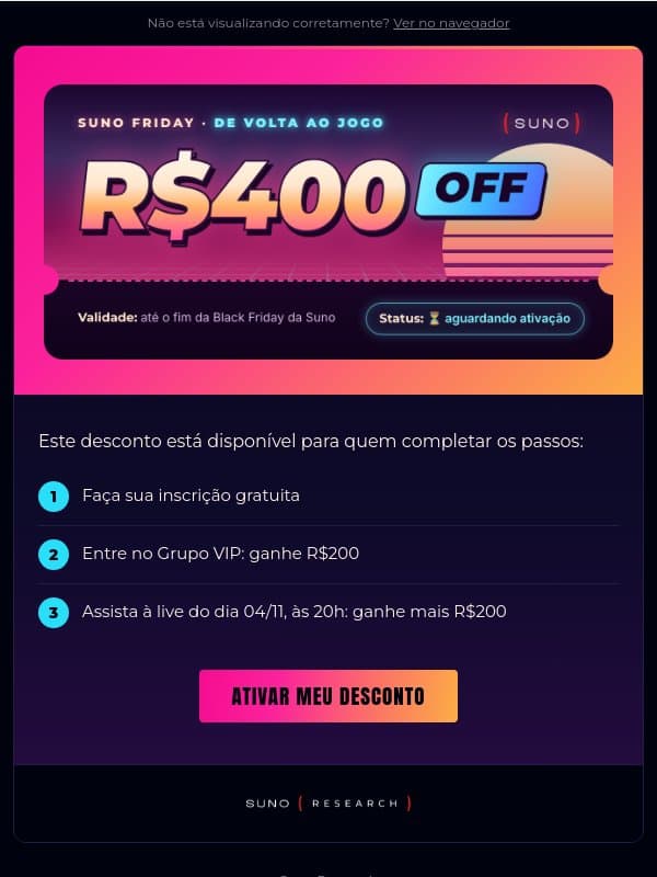 🎟️ Seus R$400 aguardam ativação email from Suno Research