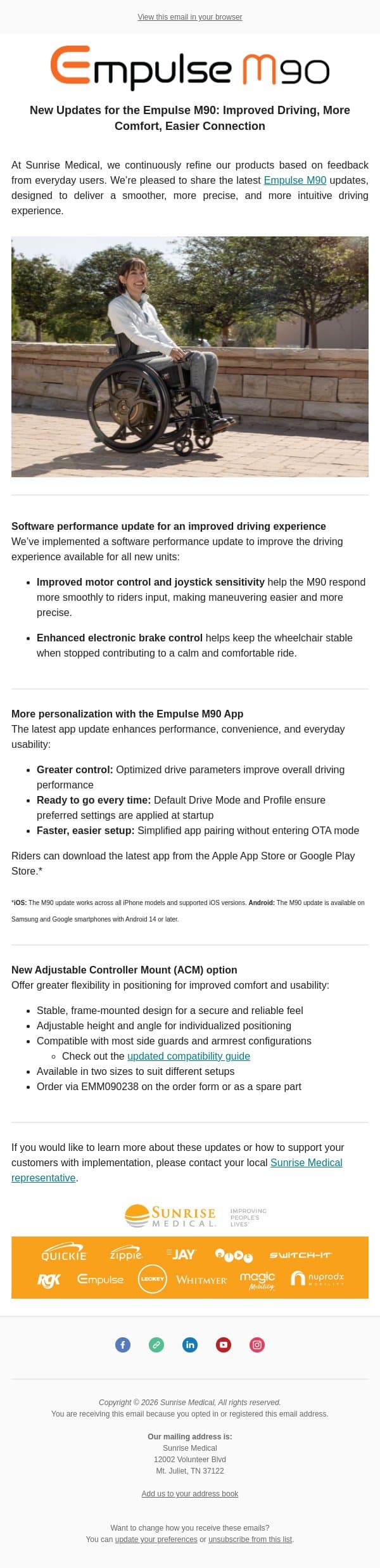 New Updates for the Empulse M90: Improved Driving, More Comfort, Easier Connection email from Sunrise Medical (JAY Cushions) screenshot