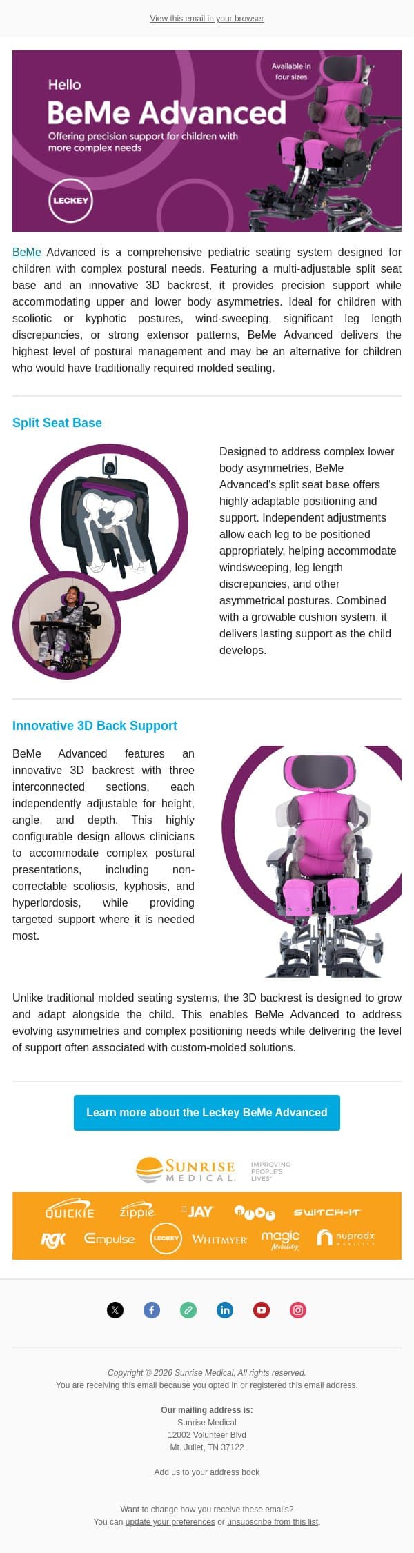 Meet BeMe Advanced: Advanced Support for Complex Postures email from Sunrise Medical (JAY Cushions) screenshot