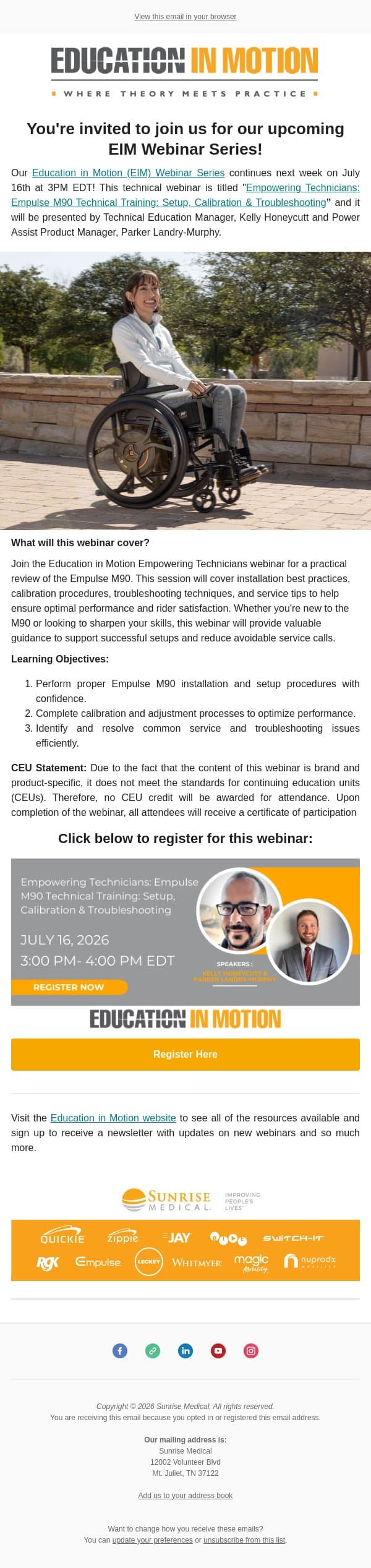 Reminder: Empowering Technicians Webinar Coming Up on July 16! email from Sunrise Medical (JAY Cushions) screenshot