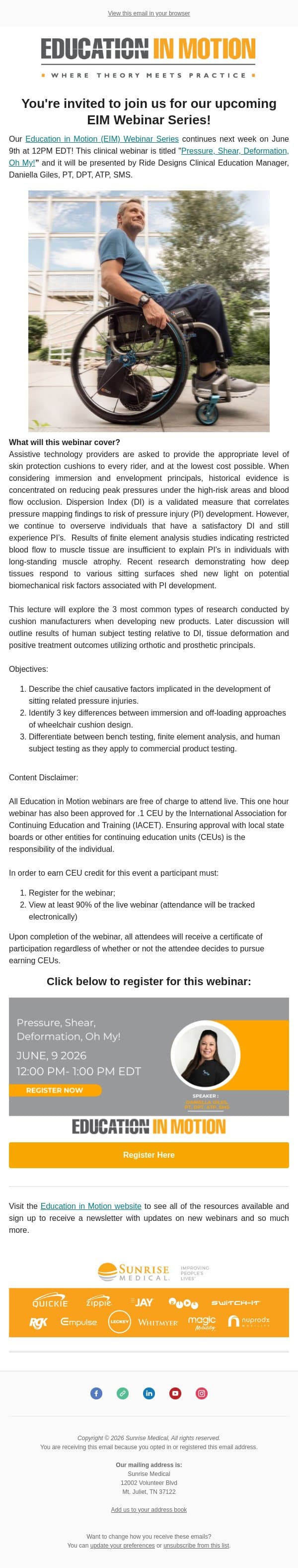 Reminder: EIM Webinar Coming Up on June 9 email from Sunrise Medical (JAY Cushions) screenshot