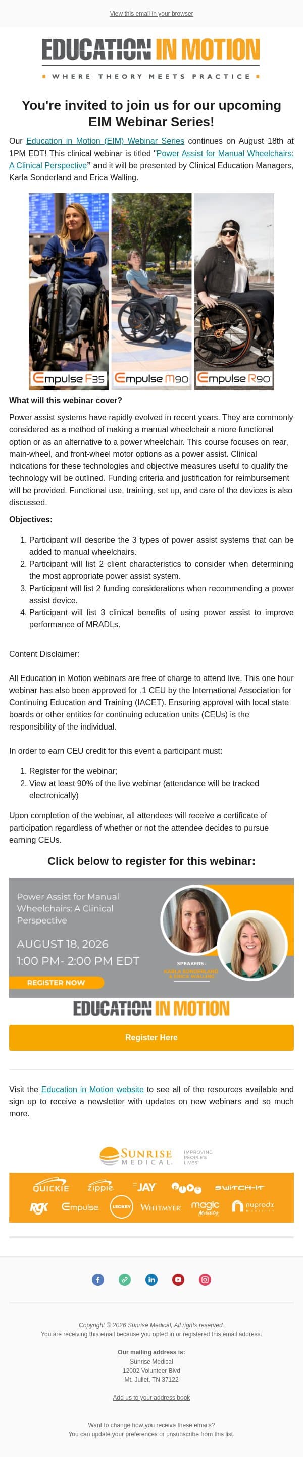 Don't Miss Our Next EIM Webinar – August 18! email from Sunrise Medical (JAY Cushions) screenshot