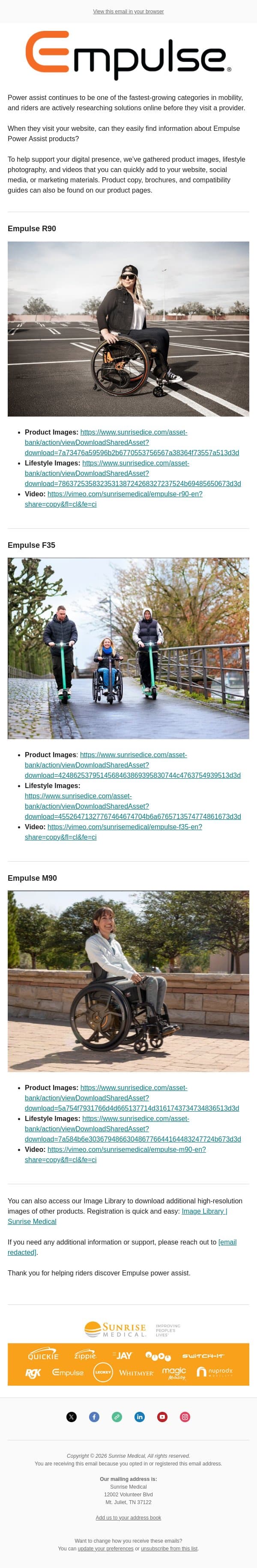 Riders Are Searching for Empulse Power Assist - Can They Find It on Your Website? email from Sunrise Medical (JAY Cushions) screenshot