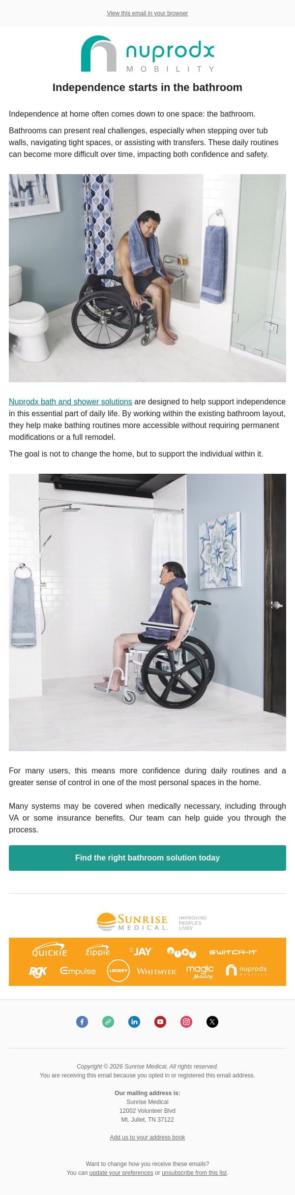 Independence starts in the bathroom email from Sunrise Medical (JAY Cushions) screenshot