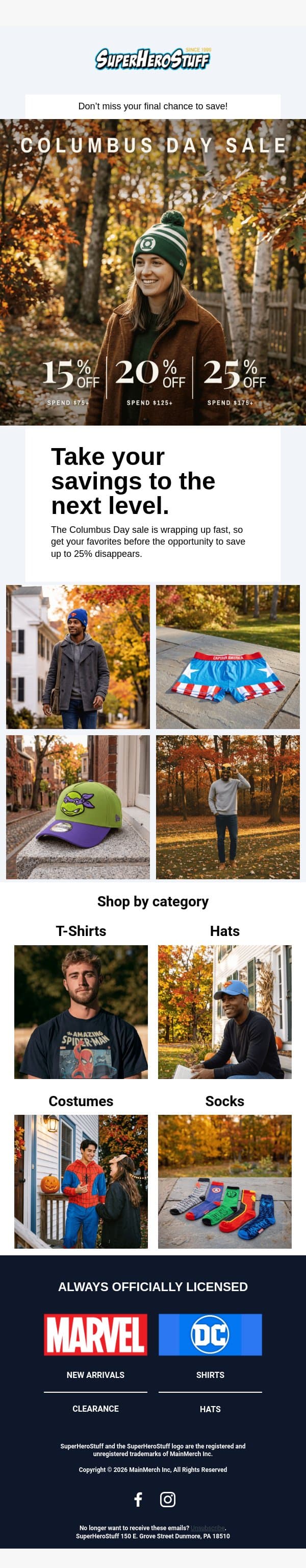 Columbus Day savings end soon ⚡ email from SuperHeroStuff screenshot