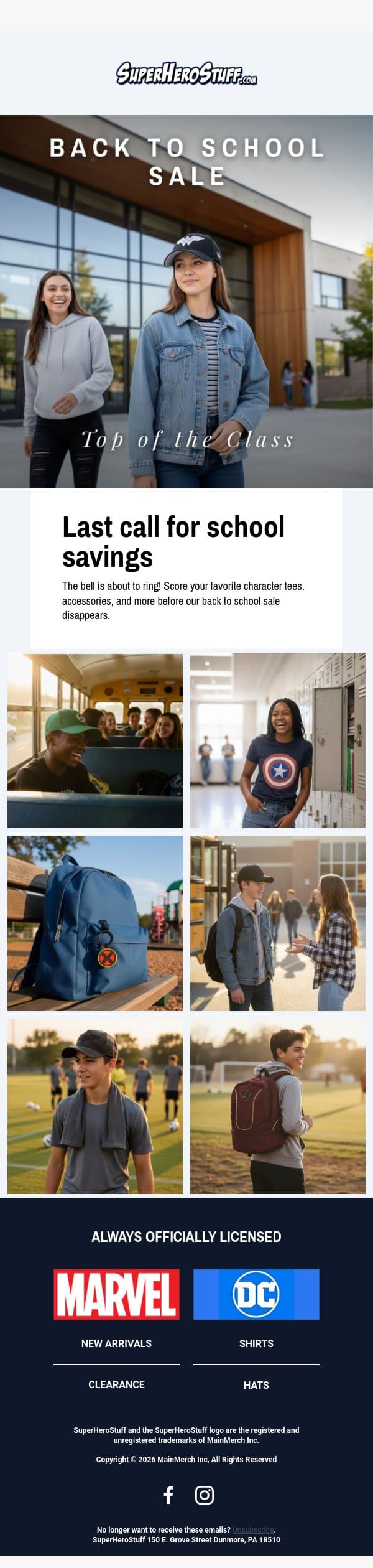 Last Call for Back to School π email from SuperHeroStuff screenshot