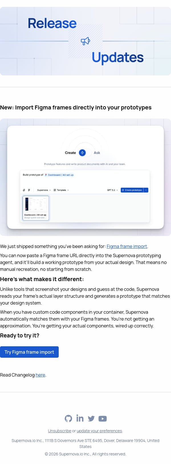 New: Import Figma frames directly into your prototypes email from Supernova.io screenshot