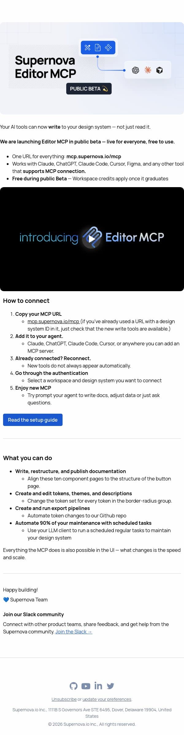 Supernova Editor MCP just launched email from Supernova.io screenshot