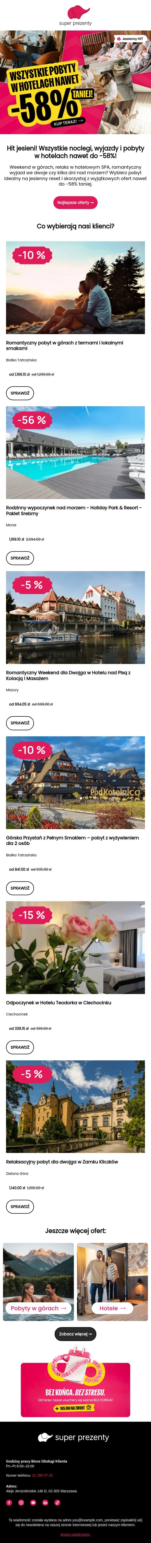 Hotele, noclegi i wyjątkowe pobyty teraz nawet do -58%! 🏨 email from Superprezenty.pl screenshot