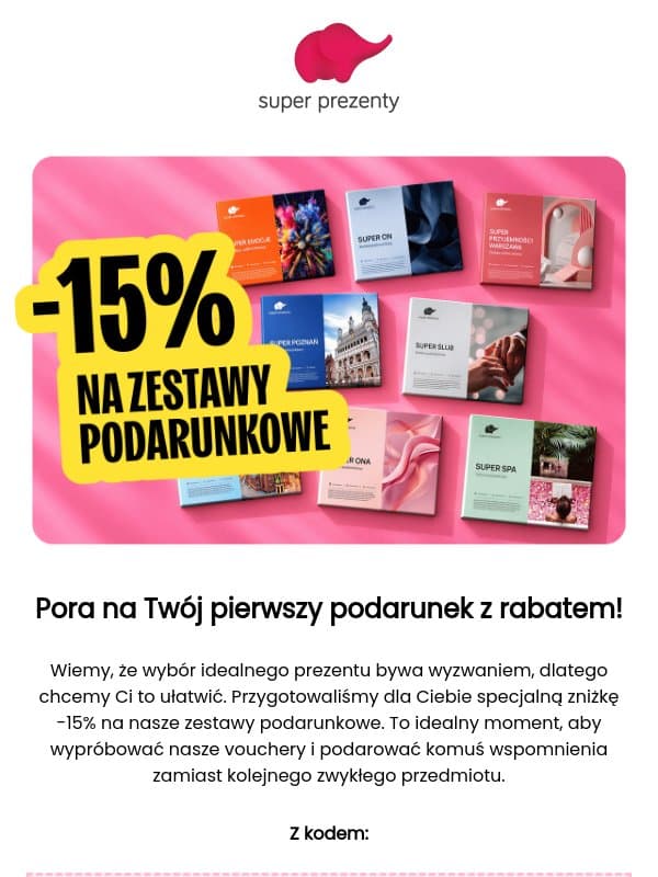 Odbierz -15% na Twój pierwszy prezent-przeżycie! 🎁 email from Superprezenty.pl