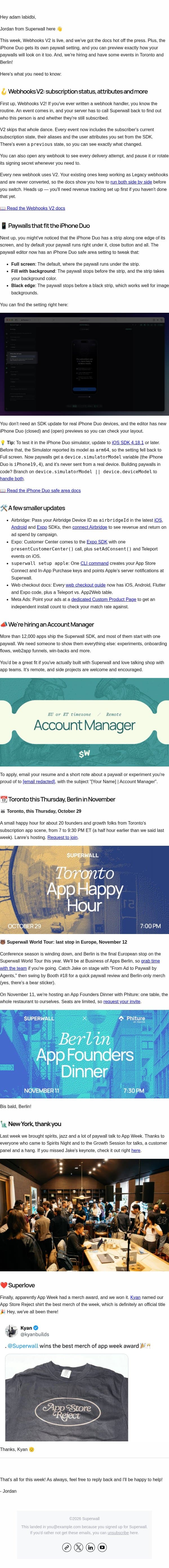 What's New at Superwall: Webhooks V2, iPhone Duo Paywalls and More email from Superwall screenshot