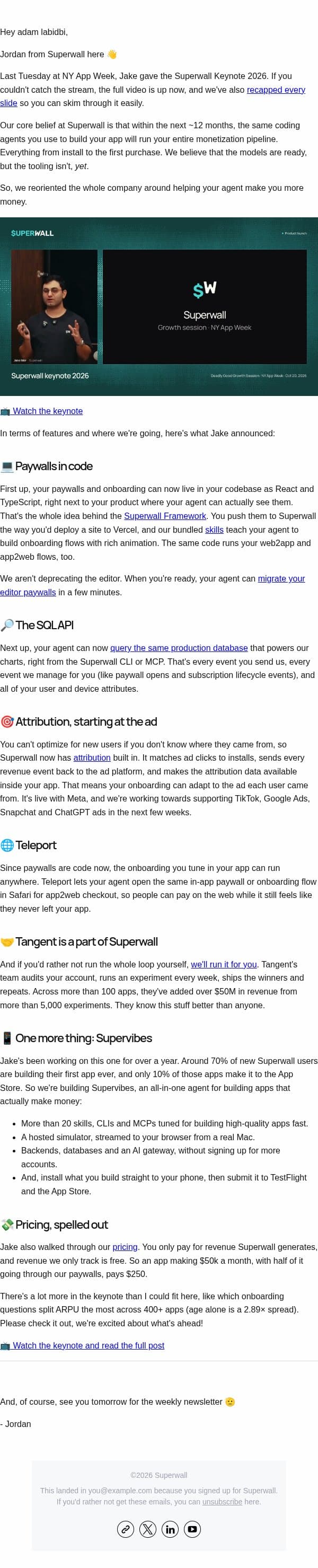 Superwall Keynote 2026: Let your agent run your monetization email from Superwall screenshot