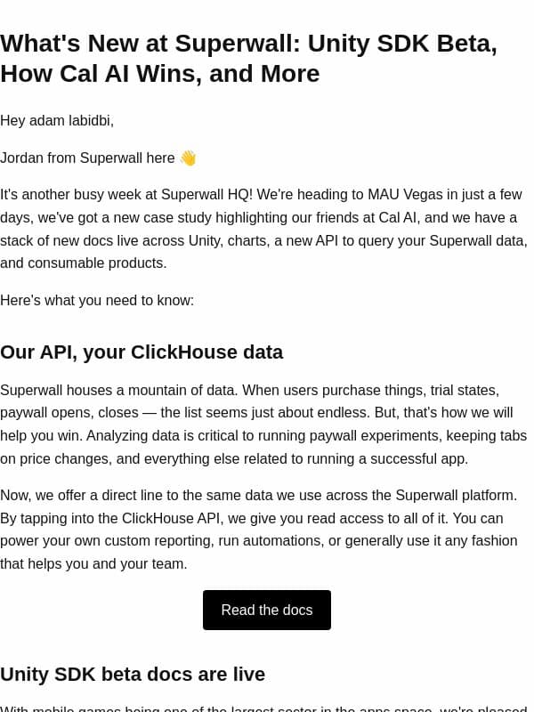 What's New at Superwall: Web Flows Docs, Unity SDK Beta, Cal AI Case Study, and More email from Superwall