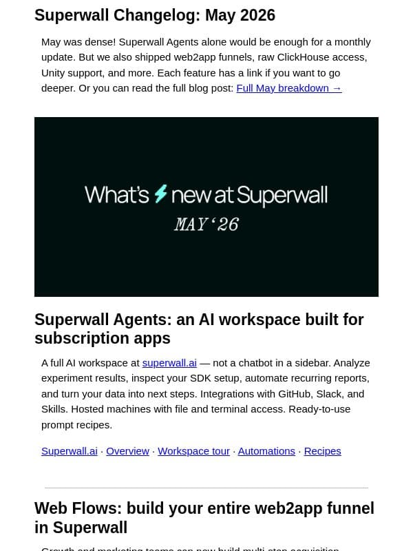 An AI workspace and 8 more updates: Superwall Changelog email from Superwall