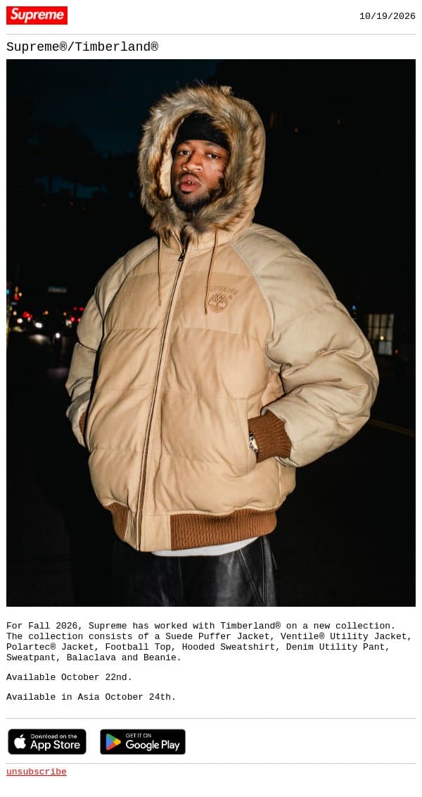 Supreme®/Timberland® email from Supreme screenshot