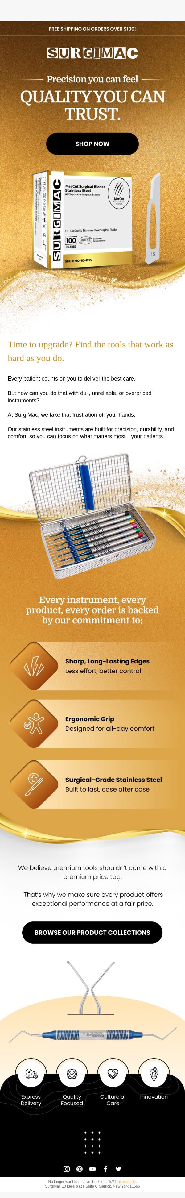 Precision You Can Feel. Quality You Can Trust. email from SurgiMac screenshot