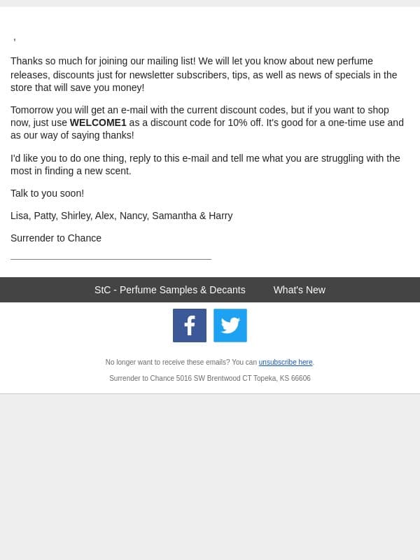Welcome to our Fragrant Family! email from Surrender to Chance screenshot