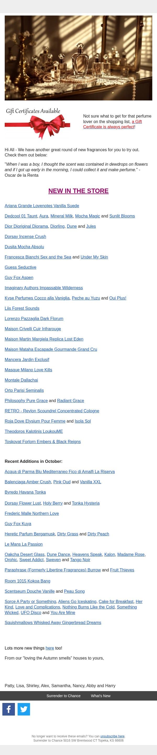 Some Great New Fragrances in Stock! email from Surrender to Chance screenshot