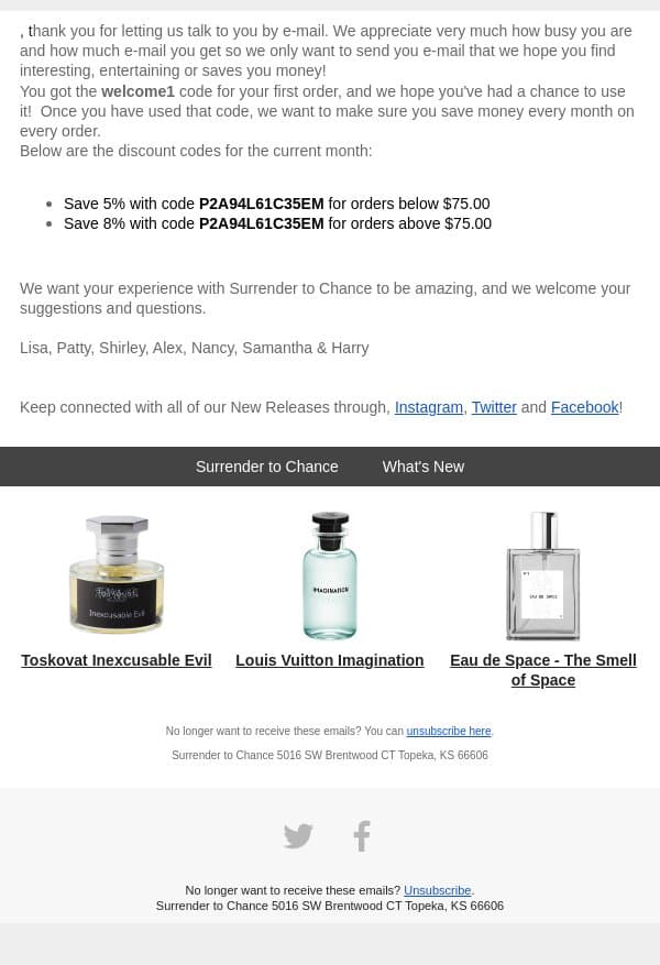 Savings for Our Favorite Customer email from Surrender to Chance screenshot