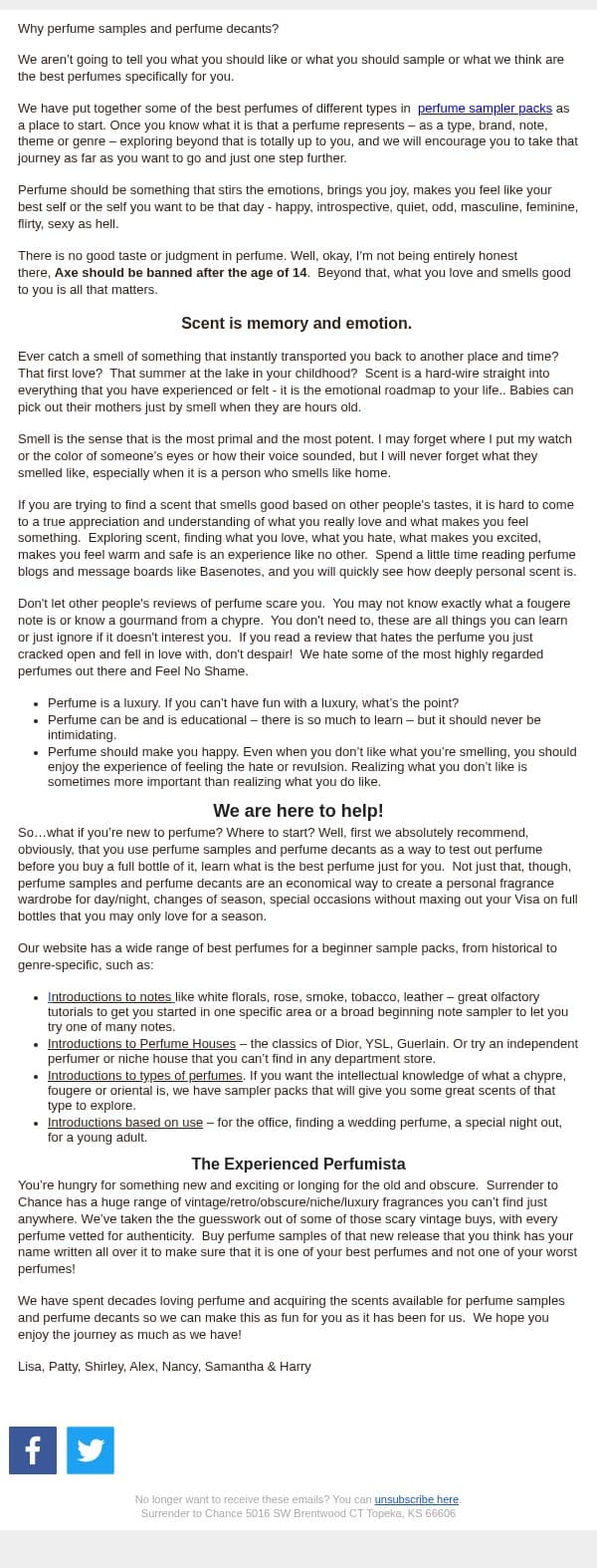 Why Sample Perfume, and How does that work? email from Surrender to Chance screenshot