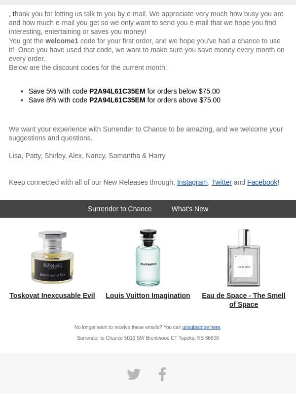 Savings for Our Favorite Customer email from Surrender to Chance