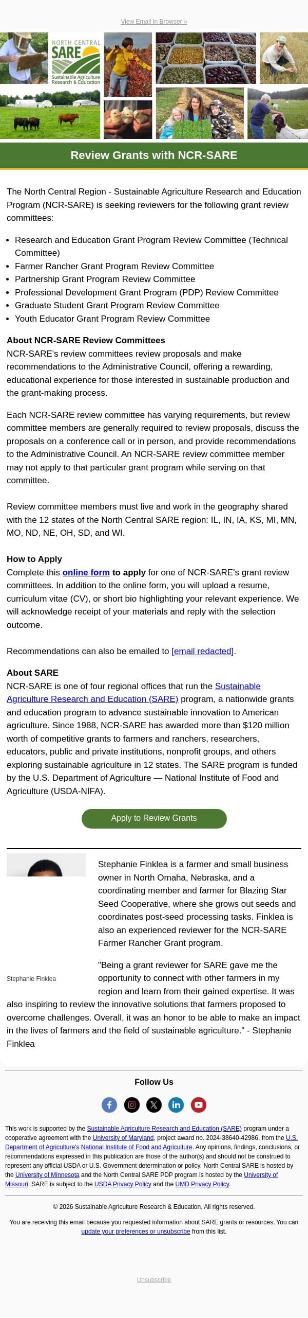 Review Grants with NCR-SARE email from Sustainable Agriculture Research & Education (SARE) screenshot