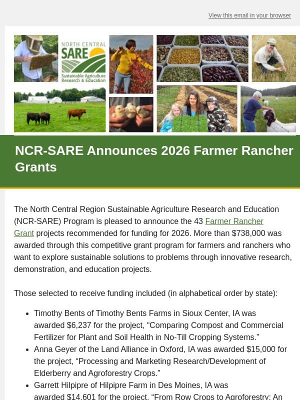 NCR-SARE Announces 2026 Farmer Rancher Grants email from Sustainable Agriculture Research & Education (SARE)
