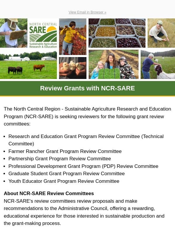 Review Grants with NCR-SARE email from Sustainable Agriculture Research & Education (SARE)