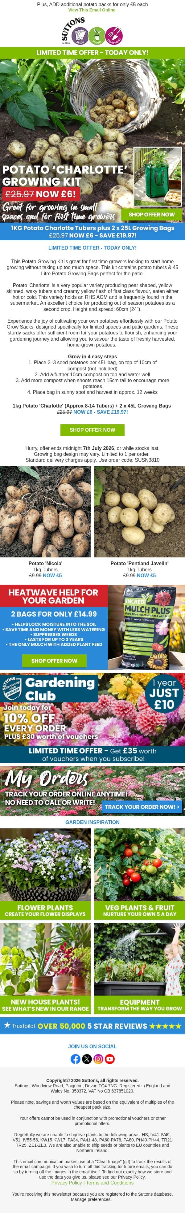 Potato Patio Kit ONLY £6! TODAY ONLY! email from Suttons Seeds screenshot