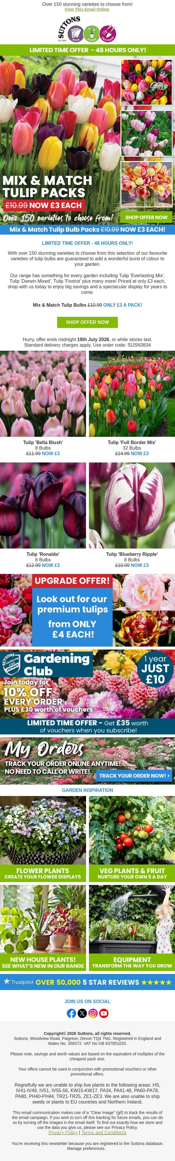 🌷 Mix & Match Tulips - Just £3 Each! email from Suttons Seeds screenshot