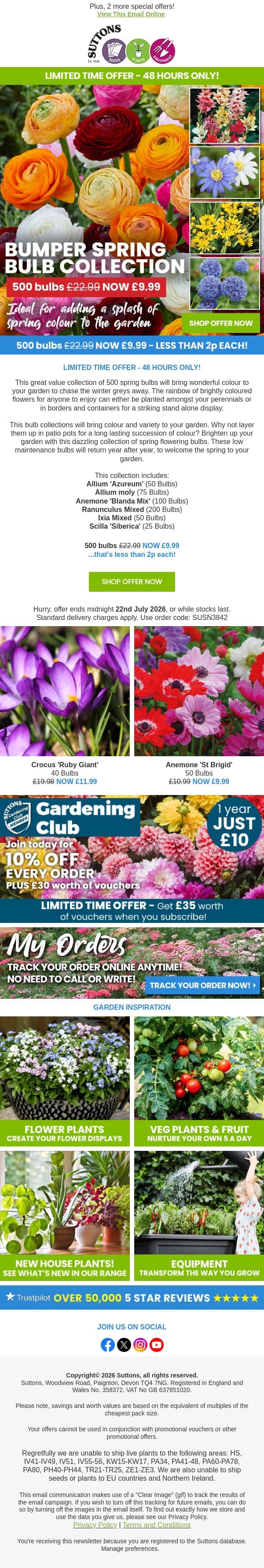 500 Bumper Bulb pack - less than 2p each email from Suttons Seeds screenshot